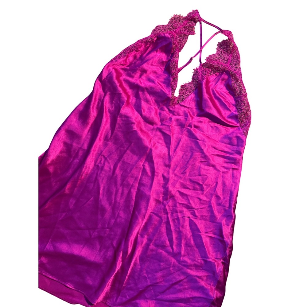 Victorias Secret Magenta Satin Lace Trim Halter Chemise Nightgown Large babydoll